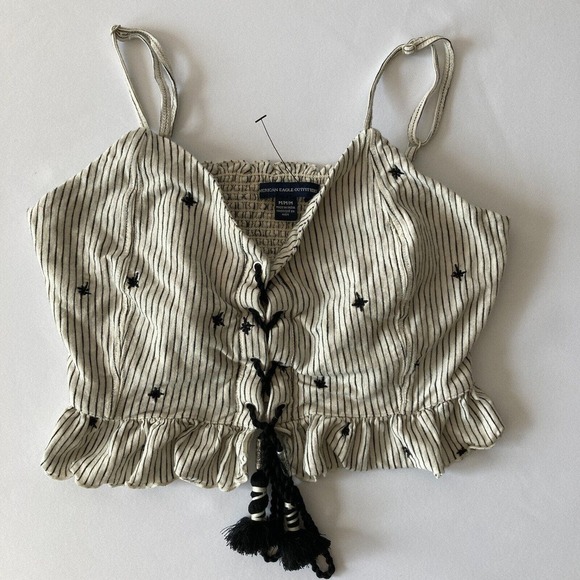 American Eagle Outfitters Tops - AEO Women's Embroidered Lace Up Beaded Tassel Ruffle Camisole Tank Top Medium
